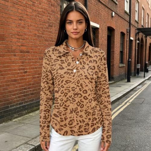 Women's Waffle Knit Tops Leopard Oversized Collared Long Sleeve Pullover - image 6