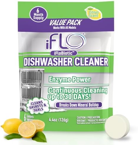 iFLO Dishwasher Cleaner Tablets with iFLObiotic – Deep Cleaning Dishwasher and Deodorizer Tablets to Eliminate Dish Washer Odor, Remove Residue & Freshen Dish Washer Machine Cleaner, 6 Pack