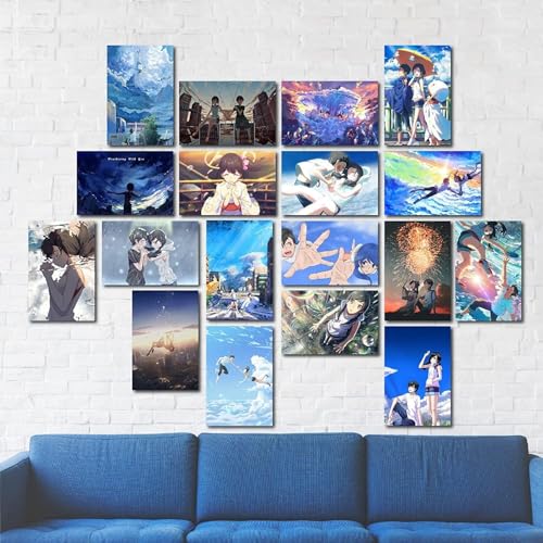 Image of ATEVON Weathering With You Wall Poster Set - Pack of 18 Mini Collage Prints (6x4 Inch) Featuring Makoto Shinkai's Art - Japanese Manga Room Decor, Unframed Wall Decoration for Fans