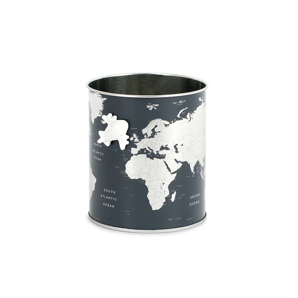 Balvi Globe Pencil Pot - Grey World Map, Includes Small Magnetic Airplane - Pewter - 10 x 8.5 x 8