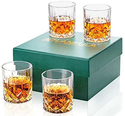 LANFULA Whiskey Glasses, Premium Crystal Old Fashioned Glasses Set of 4 In Gift Box. Rocks Style Glassware for Bourbon, Scotch, Cocktail or Irish Whisky, Large 10oz Lowball Bar Tumblers