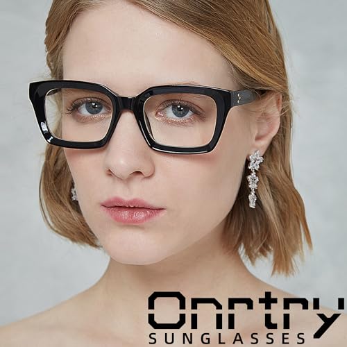 Onrtry Thick Square Frame Glasses for Women Men Non-prescription Clear Lens Eyeglasses (Bright Black+Transparent) - Thumbnail 3