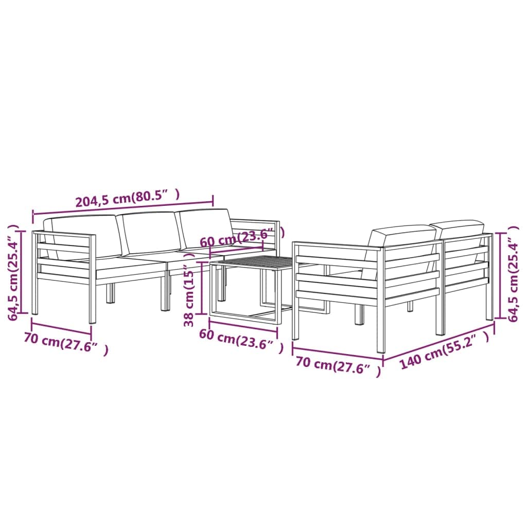 6-częściowy zestaw wypoczynkowy ogrodowy, aluminiowa antracytowa, modułowa sofa outdoorowa na taras i balkon, odporny na warunki atmosferyczne meble patio z wygodnymi poduszkami, nowoczesny