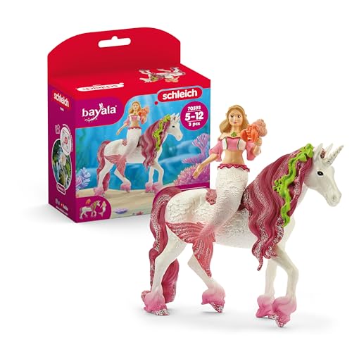 Schleich 70593 Bayala Figurine Sirène Feya sur Licorne de mer- Set de 3 Pièces - Figurines Poupée Princesse Scintillante et Licorne avec Accessoires, pour...