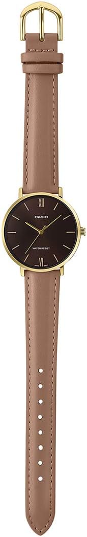Casio MTP-VT01GL-5B Men's Minimalist Gold-Tone Brown Leather Band Burgundy Dial Three-Hand Analog Watch