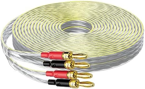 16/2 Speaker Flat Wire Cable with Banana Tip Plugs 100 FT, 16 Gauge AWG Wire, Tinned OFC Copper, Transparent Jacket with Yellow Polarity Marker, for Indoor & Outdoor, Hi-Fi
