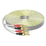 Mygatti 16/2 Speaker Flat Wire Cable with Banana Tip Plugs 50 FT, CL3 Rated, 16 Gauge AWG Wire, Tinned OFC Copper, Transparent Jacket with Yellow Polarity Marker, for Indoor & Outdoor, Hi-Fi Sound