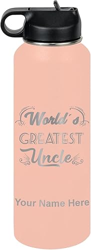 Miniatura 55 de LaserGram Botella de agua personalizada, el tío más grande del mundo, acero inoxidable de doble pared aislada al vacío con popote superior, regalo
