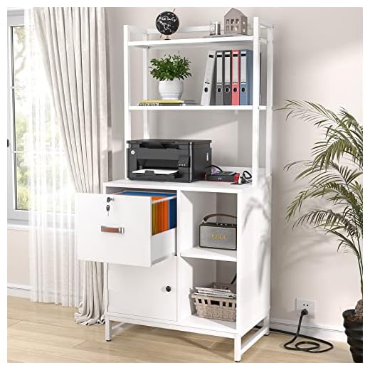Homieasy Vertical Filing Cabinet with Lock & Charging Station, Large Drawer Wood File Cabinet with Bookshelf, Printer Stand with Open Storage Shelf, fits Letter Size for Home Office, White