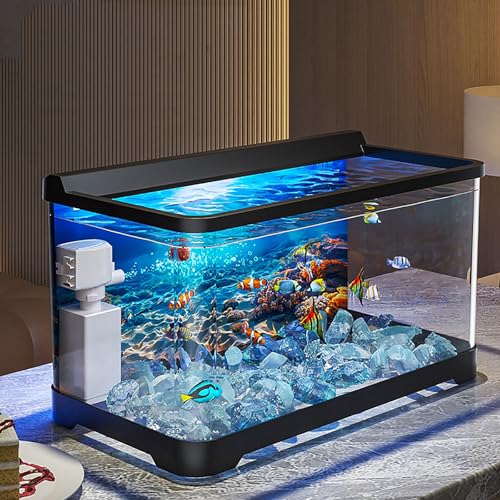 Fish Tank, Silent Water Pump,Self Cleaning System, Filtration Lighting Betta Fish Aquarium with Decor, Gravel for Betta Shrimp Guppy Jellyfish Goldfish(Black)