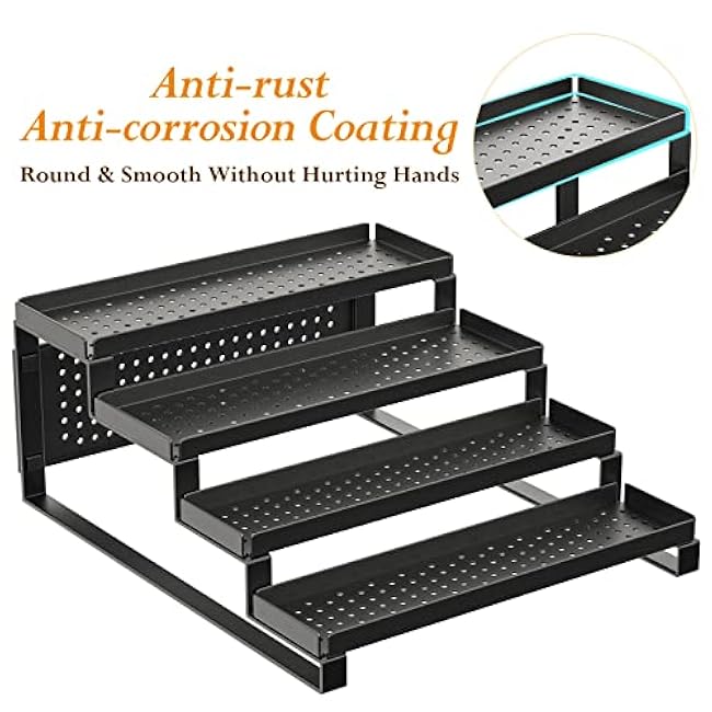 TOMIR 4-Tier Spice Rack Organizer Spice Shelf, Sturdy Seasoning Organizer Spice Storage Metal Riser Shelf, Pantry Kitchen Spice Holder Stand Step Rack Easy See all Canned Spice Jars, Black