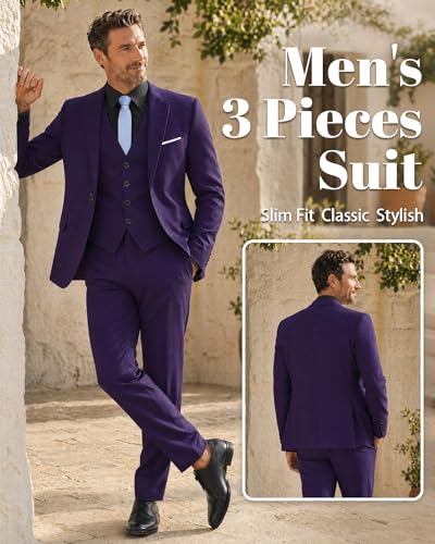 Image of MY'S Men's 3 Piece Suit Set with Tie, One Button Slim Fit Solid Jacket Vest Pants, Prom Party Wedding Business Suits for Men