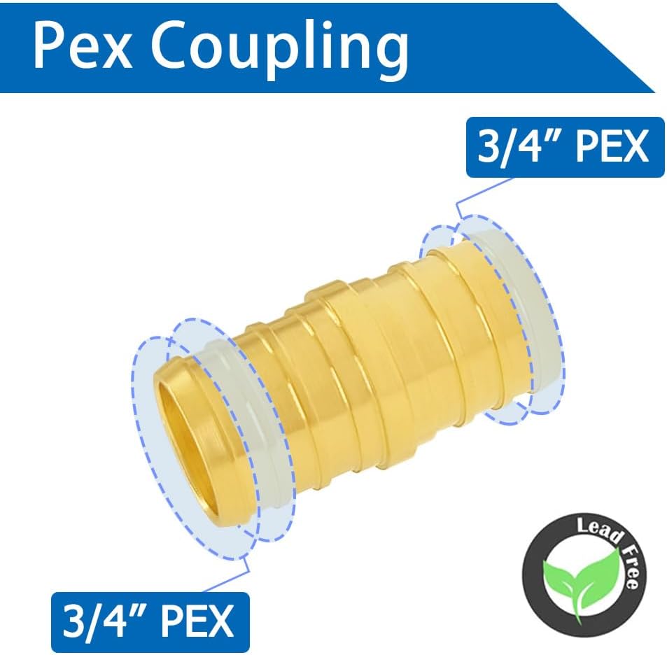 Hooshing 3/4 Inch PEX Fitting Straight Coupling Crimp Brass Barb For PEX Pipe Plumbing Jobs, Pack of 10