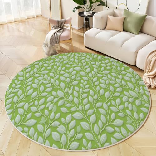 Tappeto Rotondo Foglie Rami Di Salice, Tappeto Verde Chiaro Antiscivolo Morbido Piante Naturali Rinfrescanti, Lavabile in Lavatrice Tappeti Decorativi, per Soggiorno Camera da Letto Intérieur 120cm