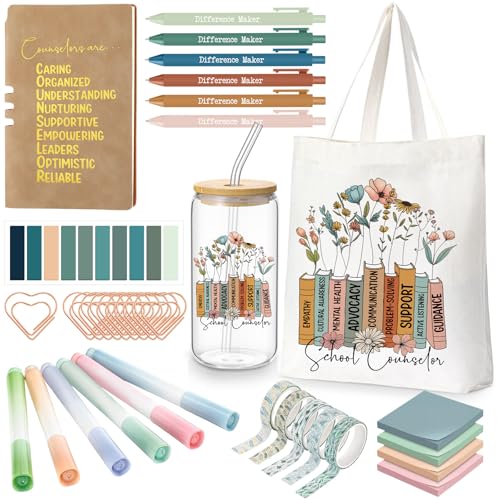 Yungyan 35 Pcs School Counselor Appreciation Gift Back to School Gift for Teacher 16 oz Glass Cup Tote Bag Leather Notebook Ballpoint Pen Highlighter Sticky Note Paper Clip for Counselor Educator