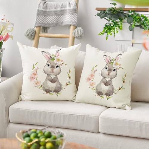 BYONEESS Easter Pillow Covers 18x18 Inch Set of 2 Easter Pillowcase Bunny Rabbit Decoration Easter Day Premium Linen Throw Cushion Case Resistant Home Decor for Bed Sofa and Car — view 5