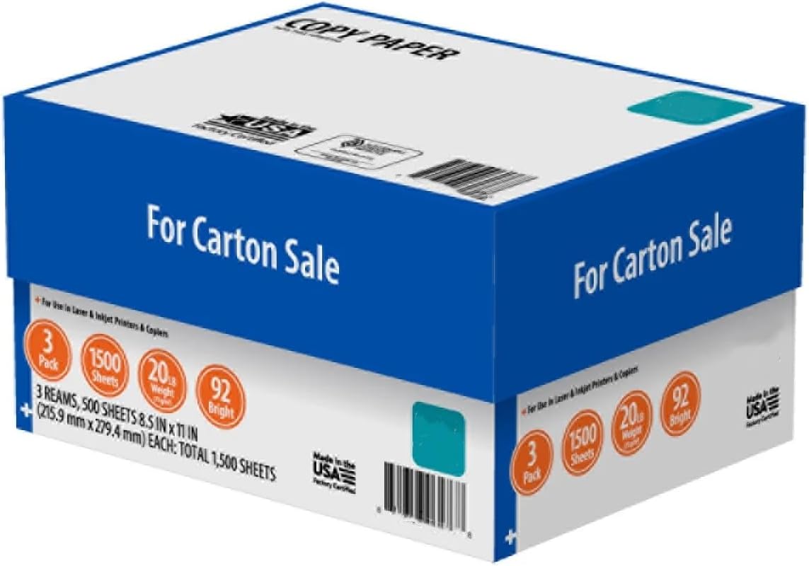 Copy Paper, 8.5" x 11", 92 Bright, White, 20 lb., 1,500 Sheets, 3 Ream Case