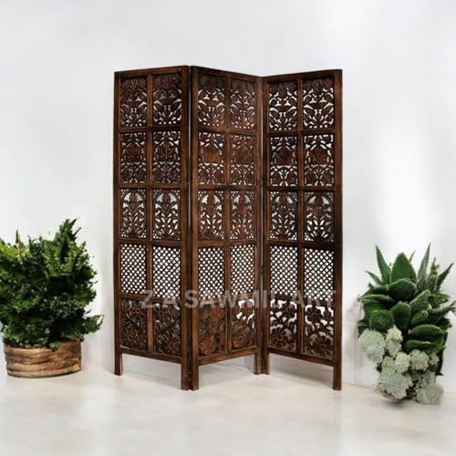 Image of Wooden Partition for Living Room, Privacy Divider, Wooden Room Separator, Divider for Office, Partition for Puja Room, (Mix Frame Design - Brown) (6 Feet 3 Panel)