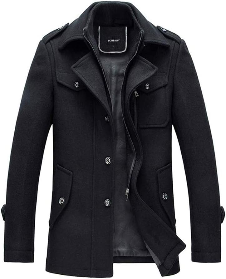 Mens Wool Coats Casual Thick Short Winter Trench Coat Regular Fit Peacoat with Detachable Inner Collar