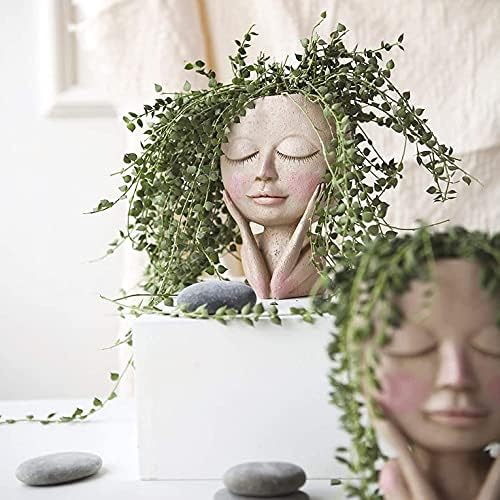 QiKun-Home Face Portrait Flower Pot Head Planter Pot Closed Eyes Shape Succulent Planter Cute Resin Planter Vase With Drainage Hole faint yellow