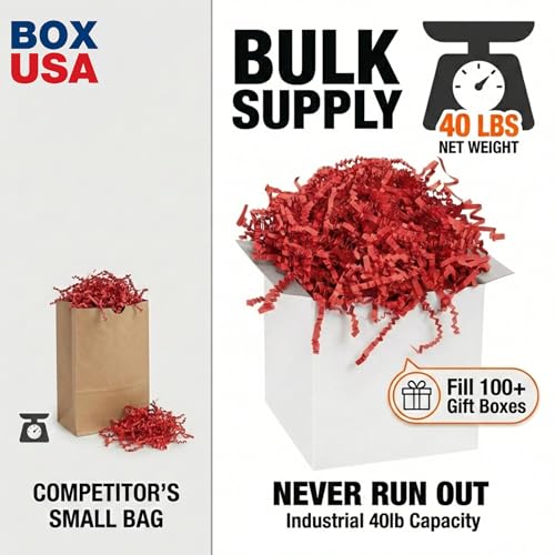 Image of BOX USA Red Crinkle Paper Filler (40lb) - Shredded Paper for Basket Stuffing, Shipping, Packaging, Confetti, Crafts & Holidays - Crinkle Cut