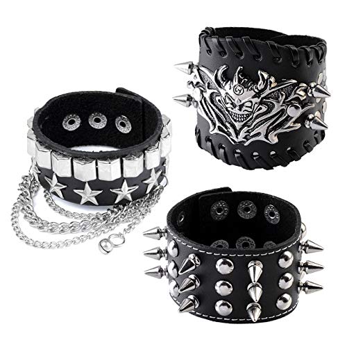 Zysta 3PCS Men Women Rivet Studded Spike Demon Devil Face Danlge Chain Stars Genuine Leather Punk Rock Gothic Biker Wide Cuff Bracelet Adjustable Bangle Wristband Wrap