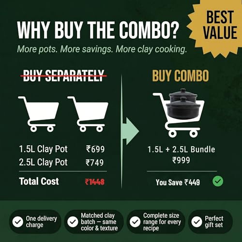 Image of Black Clay Pots for Cooking with Lid | Bartan for Cooking | Clay Handi Set Earthen Kadai | Traditional Handmade Terracotta Cookware for Serving | Natural and Organic Pack of Two 1.5L+2.5L