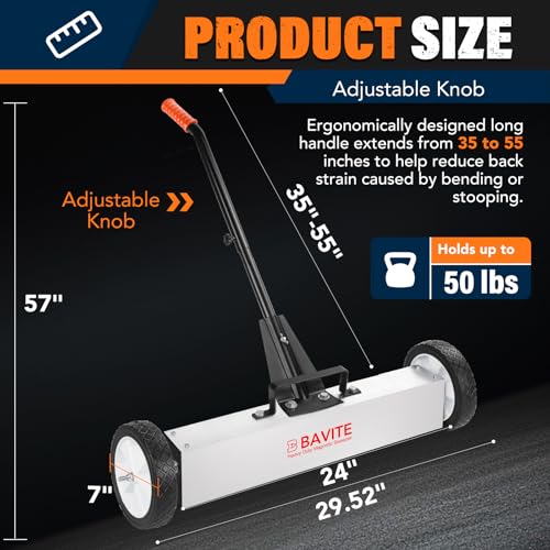 E BAVITE 50Lbs Nail Magnetic Sweeper,24 Inch Heavy Duty Telescopic Magnet Broom Large Rolling Nail Finder Magnet Tools with Wheels Cleanup and Long Adjustable Handle for Construction Yard