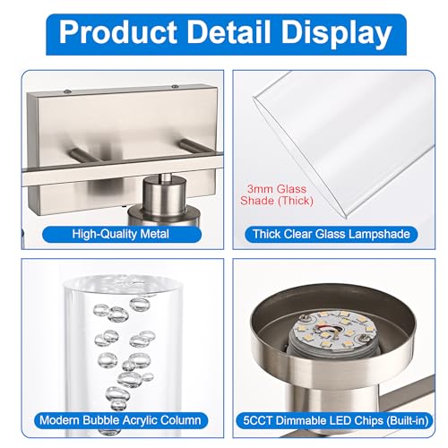 MELUCEE Bathroom Vanity Light Fixtures 5-Light Modern LED Vanity Lights for Bathroom Brushed Nickel with Crystal Bubble Clear Glass Shade, Dimmable Wall Light 3000K-6000K, Built-in LED Chips by MELUCEE - Used condition - Image 5