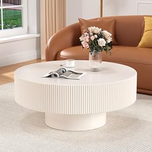 Runder Couchtisch mit Trommel, modern, geriffelt, Holz, moderner Mitteltisch für Wohnzimmer (gebrochenes Weiß, 78,5 cm)