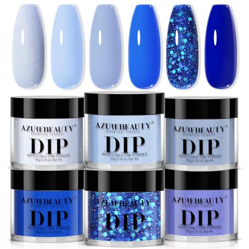 AZUREBEAUTY Dip Powder, Sky Blue Glitter 6 Colors Dipping Powder Starter Kit French Nail Art Manicure DIY Salon for Women, No Need Nail Lamp Cured