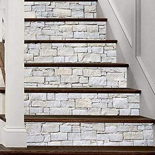 A.Monamour 3D Self-Adhesive Stair Riser Decals Stickers White Stone Brick Wall Brickwork Removable Vinyl Stair Stickers Decals Bathroom Kitchen Tile Stickers Mural Wall Stickers Decor Wallpaper