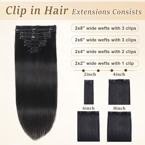 Image of Clip in Hair Extensions Real Human Hair for Women Natural Black 20inch | Natural Blend for Daily Wear,Human Hair Extensions, Add Volume And Length, No Tangle, No Shedding, Double Weft, 8PCS, 100g