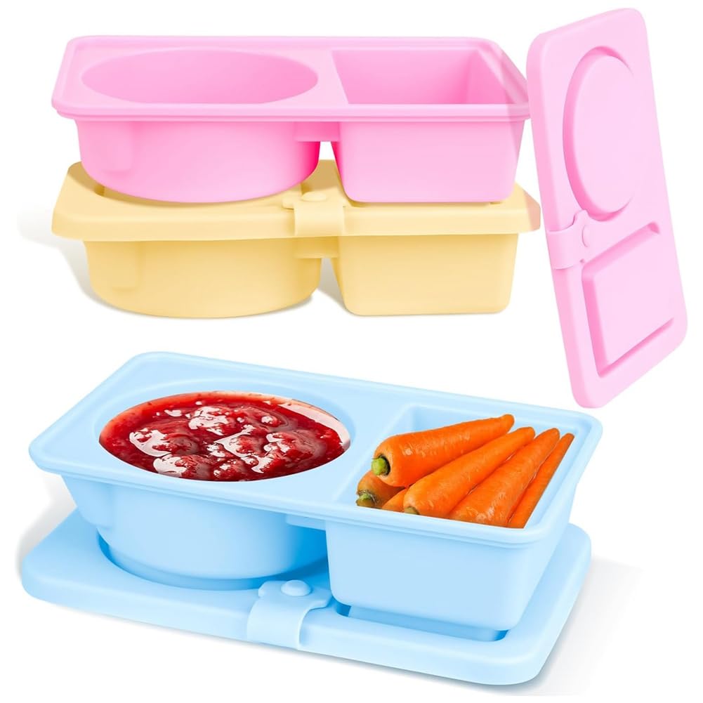CTRLZS Snack Containers with Lids–3 Pack Silicone Reusable Double Compartment Snackle Box Containers, Salad Dressing