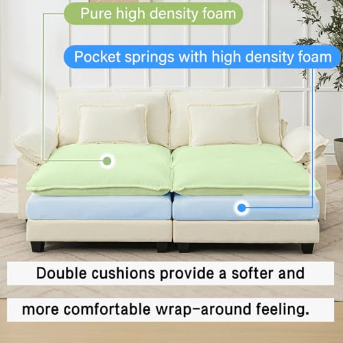 Image of Oprisen 86 inch Modular Sectional Sofa, Comfy Cloud Couch Sectional Sofa with Ottoman, Chenille Sofa Sleeper Deep Seat Sofa with Throw Pillows for Living Room (Beige White)