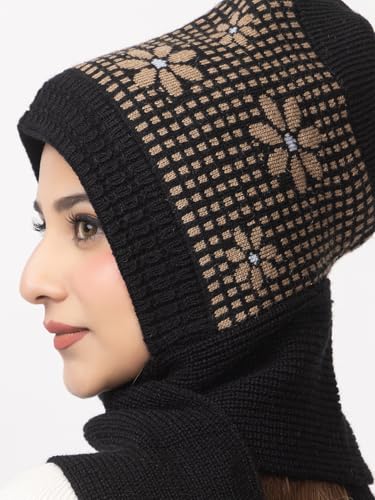 Image of AMOLDO Women's Winter Woolen Soft Warm Knitted Designer Muffler Beanie Cap with Fur | Fleece Printed Woolen Hat with Attached Scarf for Cold Weather