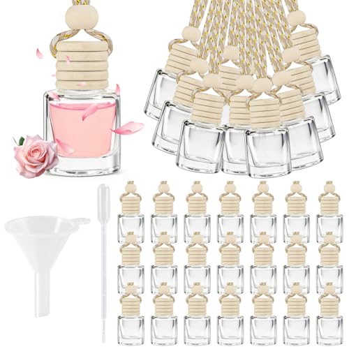 60 Pcs Car Diffuser Bottle Set with Wooden Caps Dropper and Funnel Empty Glass Car Air Freshener Bottle Bulk Hanging Essential Oil Fragrance Pendants for Car DecorCan DIY Car Air Freshners Diffuser