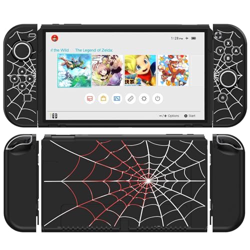 JINGDU Protective Case Compatible with Nintendo Switch OLED 2021, TPU Case Accessory for Nintendo Switch Console and Grip Joy-Con, Switch Protector with 4 Thumb Grips, Black Spider Web