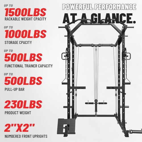 Image of Mikolo Power Cage, Power Rack with Cable Crossover System, 1500LBS Squat Rack with LAT Pull Down System, Workout Cage with Pulley System for Fitness Home Gym
