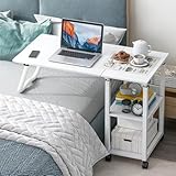 BTGGG Height Adjustable XL Overbed Table with Lockable Wheels, 95 x 40 cm Movable Bed Table with 2 Storage Shelves, 70-88cm Height Desk, Hospital Bed Table Foldable Table for Bedroom Sofa, White