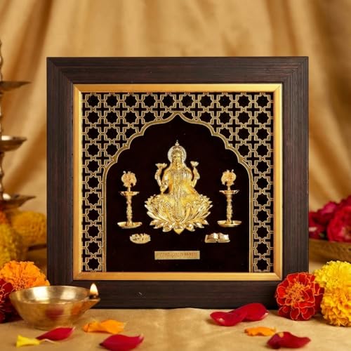 ZAARIYA Divine Laxmi Mata Frame | Gold Plated Decorative Photo Frame for Home Decor, Temple, Pooja Room, Table Decor & Gifting (10.5 x 6.5 Inches)