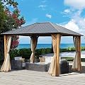 Aoodor 12 x 10 ft. Wooden Finish Coated Aluminum Frame Gazebo with Nettings and Curtains, Outdoor Hardtop Gazebo, Single Roof Canopy, for Patio Backyard Deck and Lawns