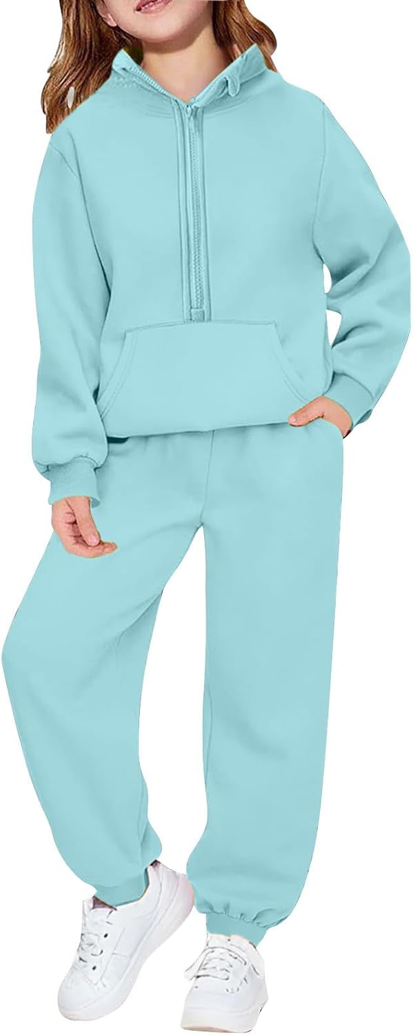Girls 2 Piece Outfits Fall Winter Tracksuit Casual Half Zip Sweatshirt and Sweatpants Joggers Set with Pockets Loungewear