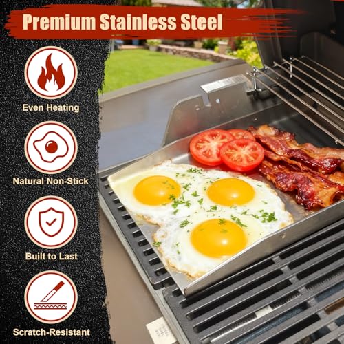 Denmay 40 x 30cm Edelstahl Grillplatte Plancha für Weber, Enders, Burnhard, Rösle videro, Plancha Grillzubehör für Gasgrill und Holzkohlegrill, 4mm Massiven Edelstahl Plancha Grillplatte mit Griff