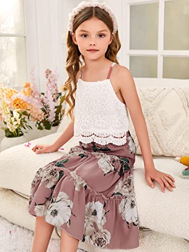 Image of WDIRARA Girl's 2 Piece Set Contrast Lace Cami Top With Floral Print Frilled Skirt