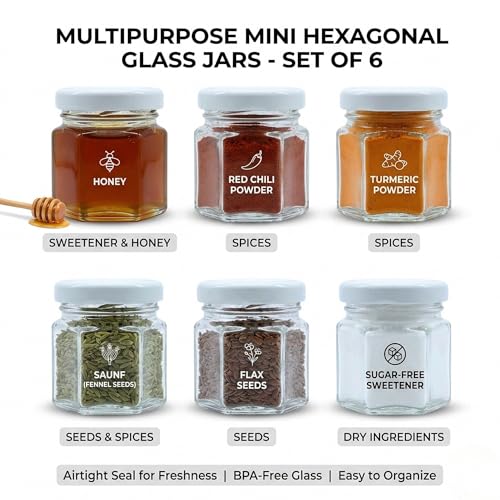 Image of Cute Hexagonal 50 grams Airtight Glass Jar Containers for Honey, Spices & other Kitchen Items with Rust Proof White Color Caps -Set of 06