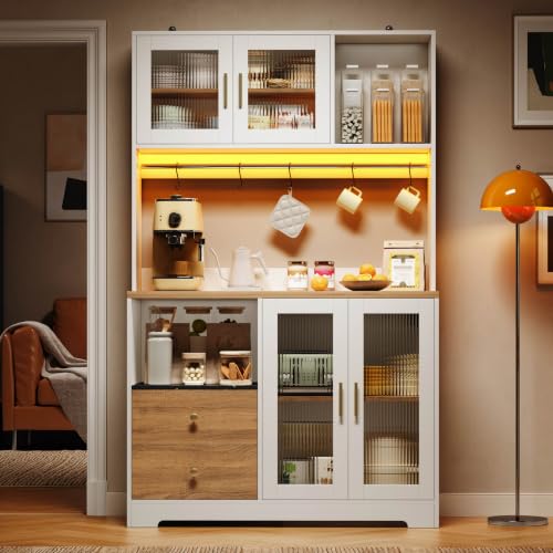 Prohon Buffet de Cuisine Haut avec LED Multicolore, Meuble de Rangement avec Prises, 2 Tiroir, Portes Verre Trempé, Plan de Travail Bois, Blanc