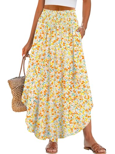 Image of ANRABESS Women's Maxi Skirts Summer Boho Floral High Waisted Flowy Swing Pleated Beach Long Skirt with Pockets
