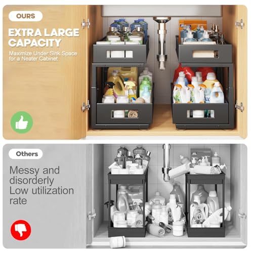 Image of 2 Packs 19IN Depth Under Sink Organizer, 2-Tier Pull Out Cabinet Organizer With Smooth Circular Rail, Large Capacity Metal Mesh Sliding Drawers For Bathroom& Kitchen Storage,Height Adjustable -Black