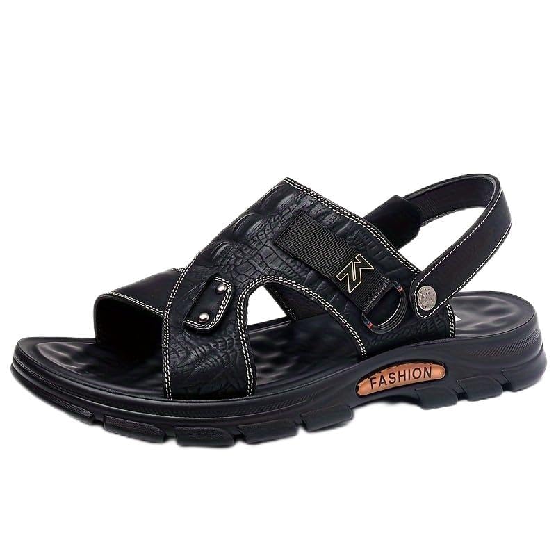 Men's Solid Colour Top Grain Cow Leather Upper Open Toe Breathable Sandals, Comfy Non Slip Casual Durable Beach Water Shoes